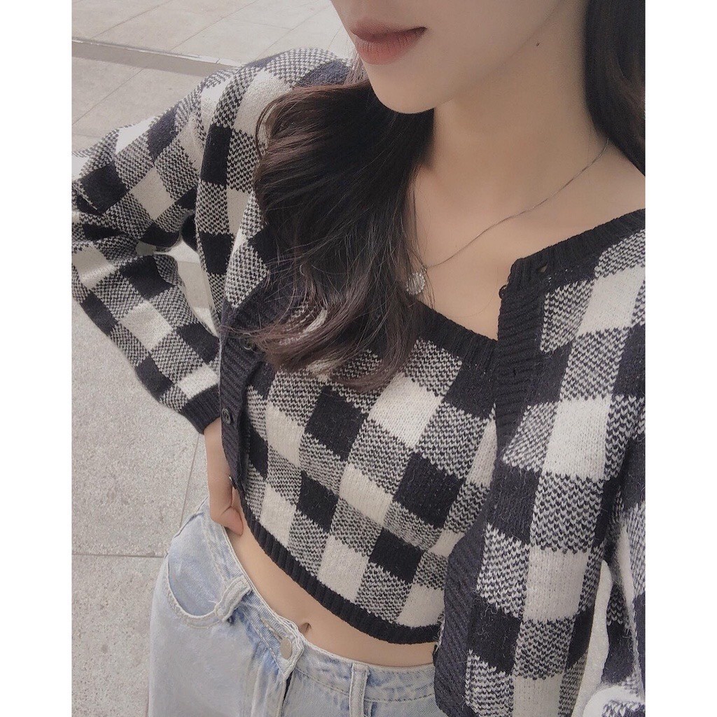 SET Áo Cardigan len kẻ caro mix áo 2 dây siêu xinh