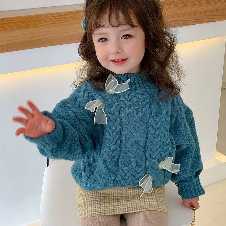 Áo sweater cổ cao phối nơ thiết kế thời trang thu đông cho bé gái tùy chọn màu sắc