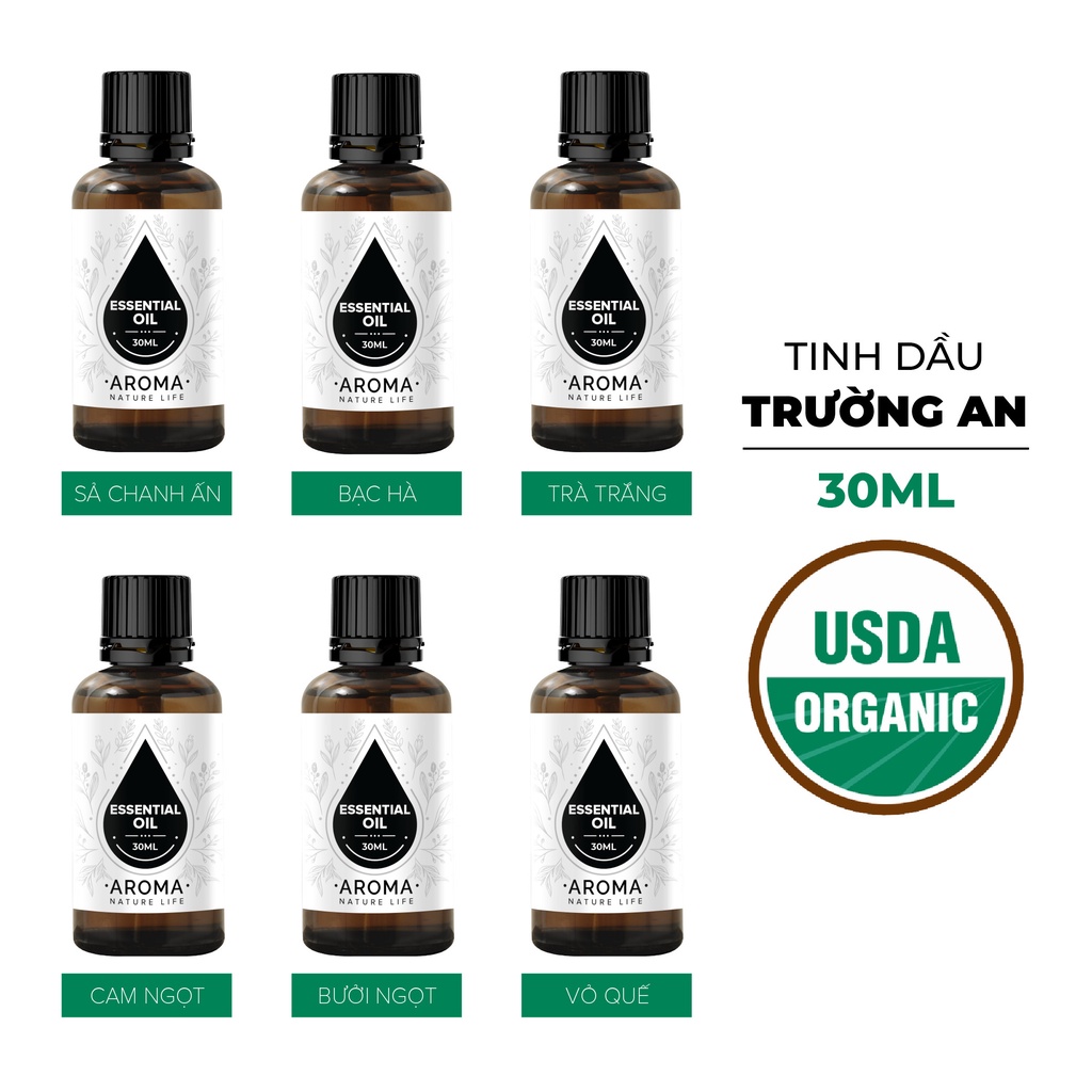 (NHIỀU MÙI) Tinh dầu Trường An 30ml: Sả Chanh, Bạc Hà, Cà Phê, Xá Xị, Tràm Trà - Tinh dầu Organic, 100% nguyên chất