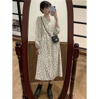 [Ảnh thật/ Sẵn] Đầm - Váy babydoll hoa nhí dài tay bo cài cúc dáng dài vintage