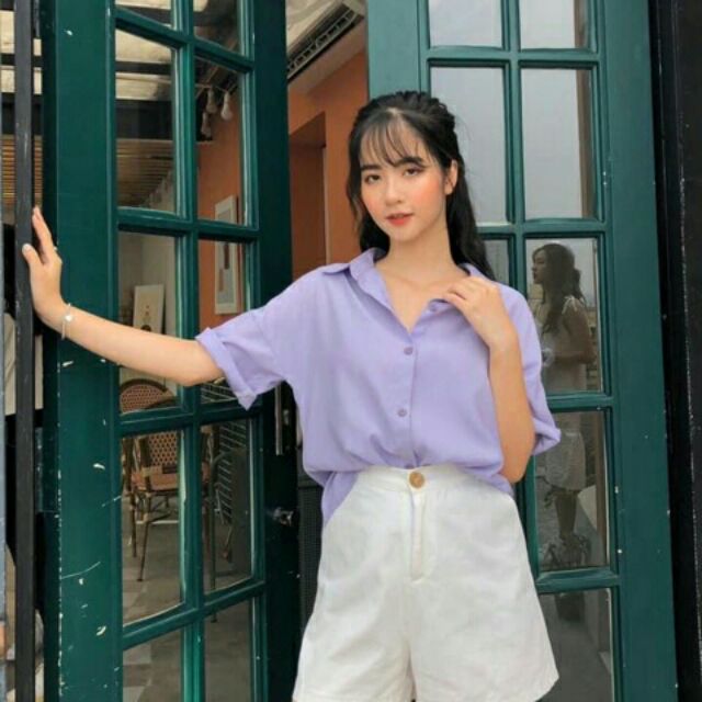 Áo sơ mi đũi lụa cộc tay kiểu dáng vintage màu pastel