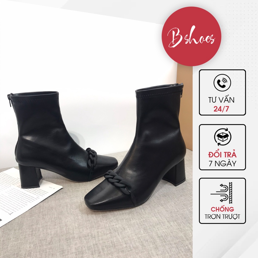 Giày Boot Nữ Da Mềm 2021 B SHOES, Bốt Thấp Cổ Lót Nỉ Khóa Sau, Mũi Vuông, Dây Xích Siêu Thời Trang, Cao 5 Phân B12