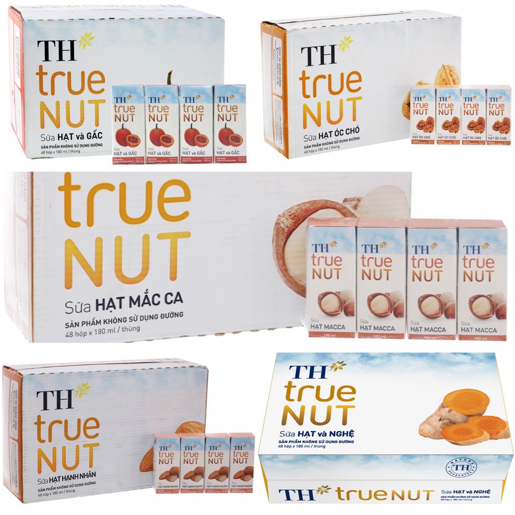 1 Thùng Sữa hạt TH TRUE NUT 180ml x 48 hộp 7 vị ( Óc chó / Macca / Hạnh Nhân / Gấc / Hạt Nghệ / Hạt dẻ cười / Gạo lức )