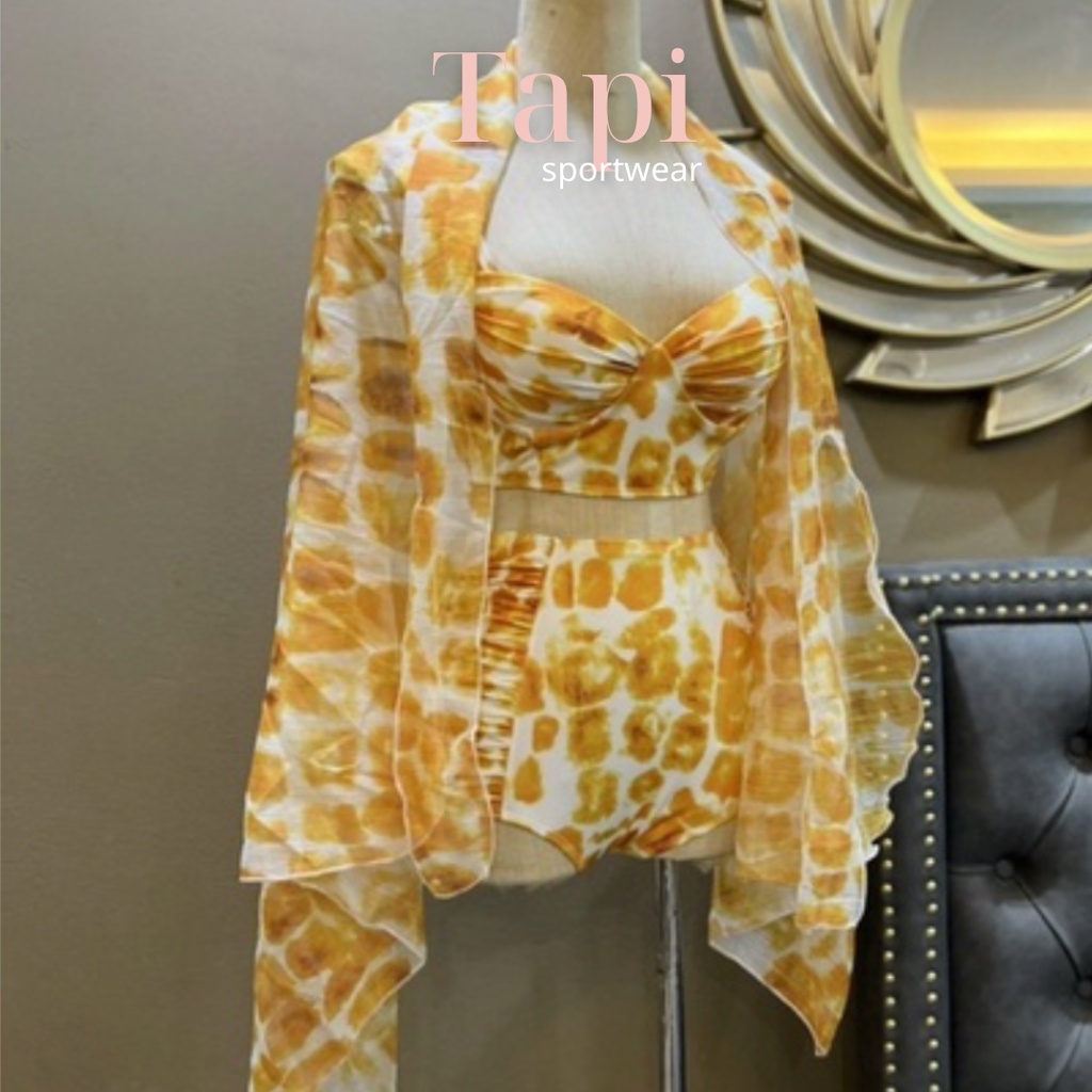 Bikini set 3 món đi biển đi bơi hoa cam kèm khăn choàng đi biển có ảnh thật kế bên