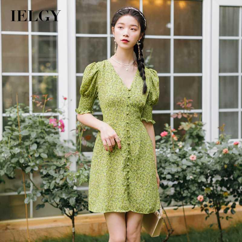 Đầm IELGY họa tiết hoa nhí cổ chữ v dáng ôm màu xanh lá thời trang cho nữ