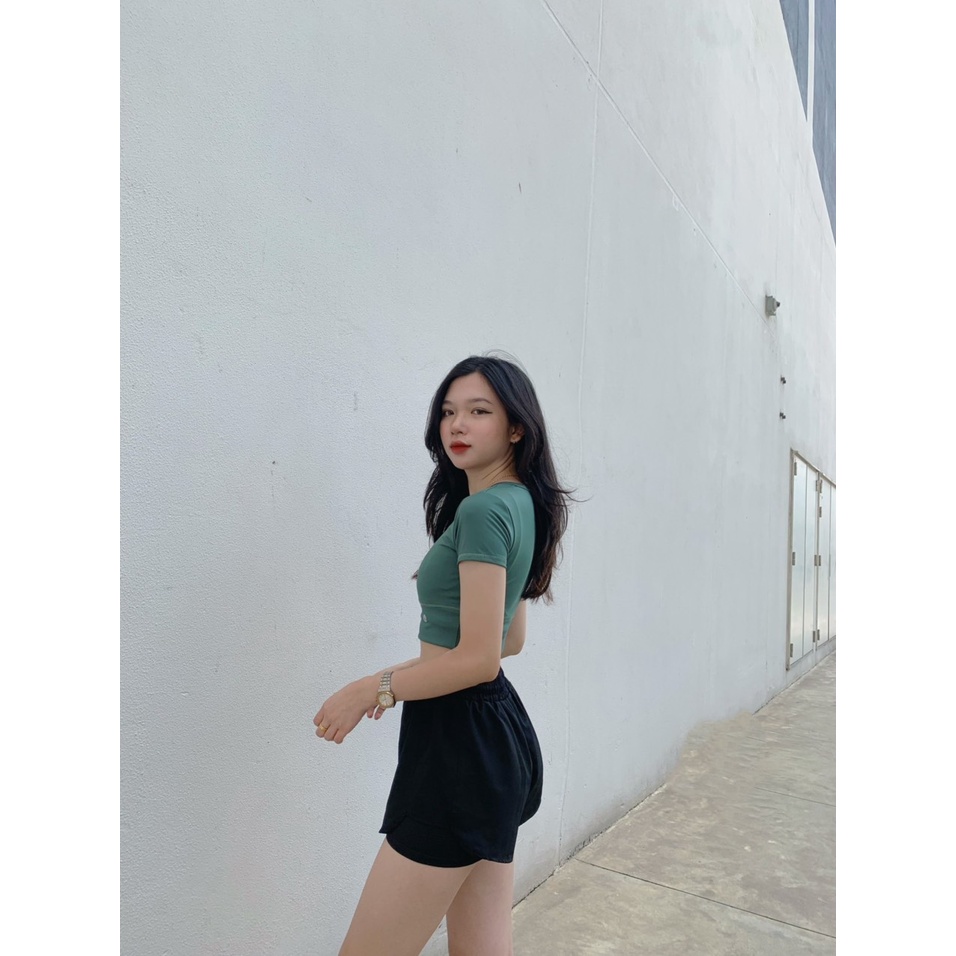 Áo croptop cộc tay tập gym yoga aerobic nữ vải thun poly cao cấp- đồ tập gym yoga nữ