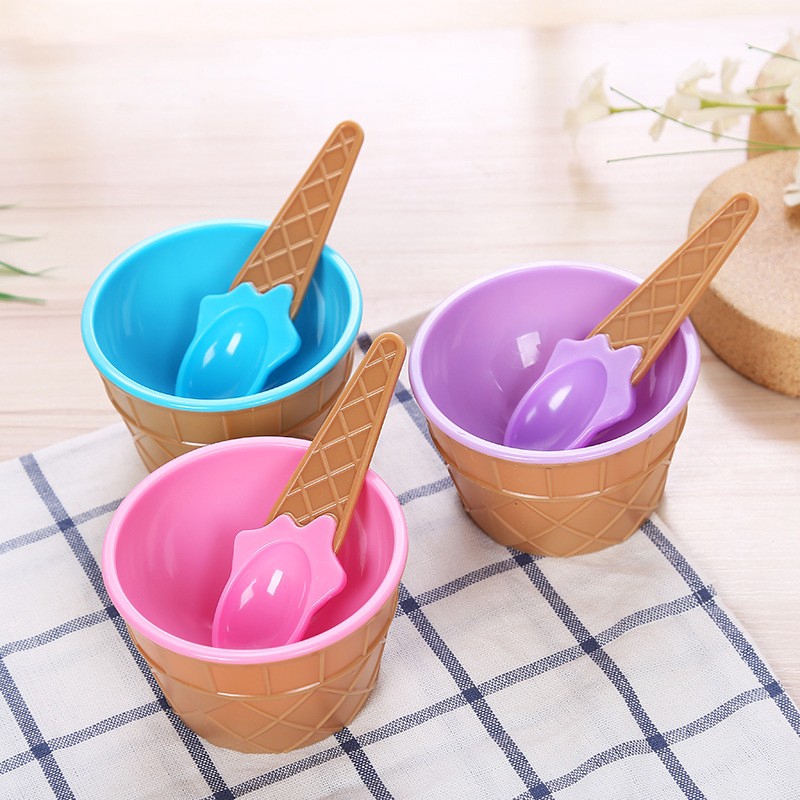 Set 2 món gồm tô ăn dặm/ ăn kem bằng nhựa 2 lớp + 1 thìa