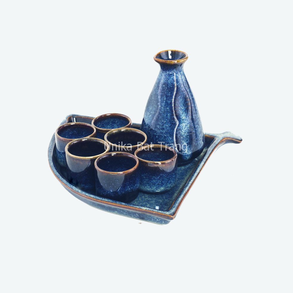 Bộ Bình Chén Rượu Sake Vuốt Men Xanh Hoả Biến - Bộ Bình Đựng Rượu Sake Cao Cấp - Gốm Sứ Bát Tràng