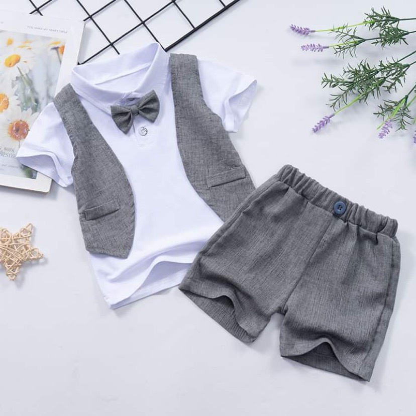 Set Công Tử Quần Áo Trẻ Em CHo Bé Trai Cao Cấp Phong Cách Cơ Trưởng Hàn Quốc Có Nơ Lịch Lãm Nhà MiDu Kid