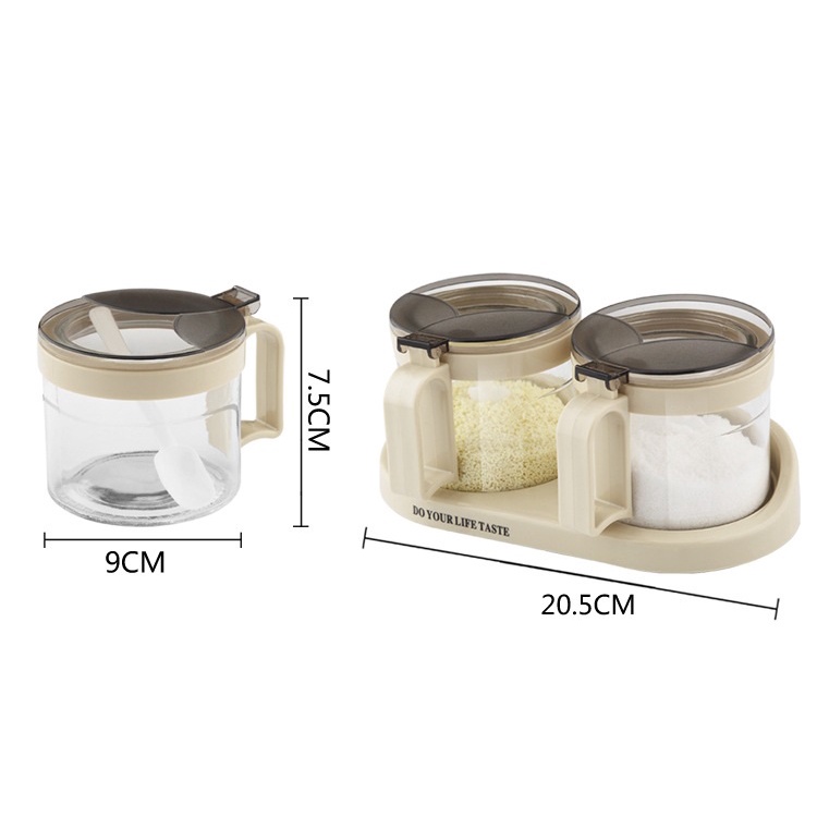 Combo 3 hũ đựng gia vị có nắp đậy và kệ đựng đi kèm - Tặng kèm thìa