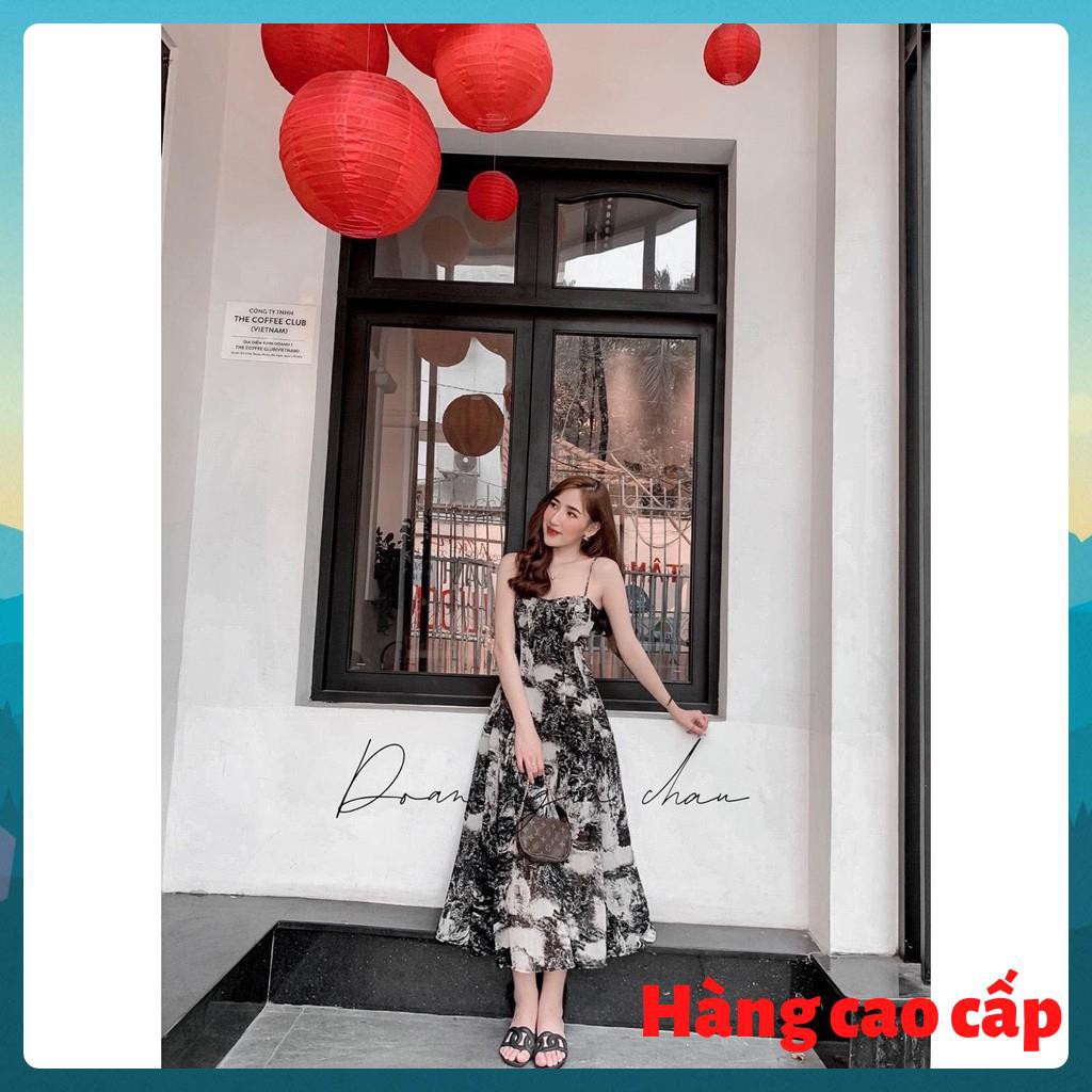 (Hàng cao cấp) Đầm maxi hai dây dáng dài họa tiết trắng đen thướt tha, đẹp dịu dàng Lemy | BigBuy360 - bigbuy360.vn