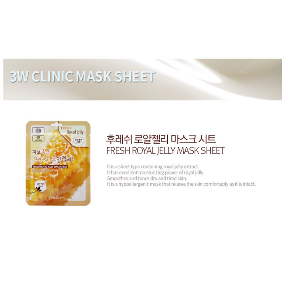 Mặt Nạ Chiết Xuất Sữa Ong Chúa 3W Clinic Fresh Royal Jelly Mask Sheet 23g - 3W085
