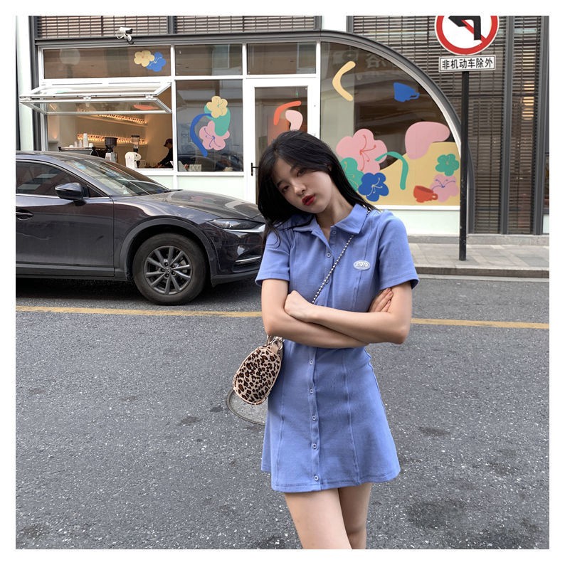 Đầm Thun Polo Ngắn Tay Màu Trơn Phong Cách Hàn Quốc Cổ Điển Thời Trang Mùa Hè Cho Nữ