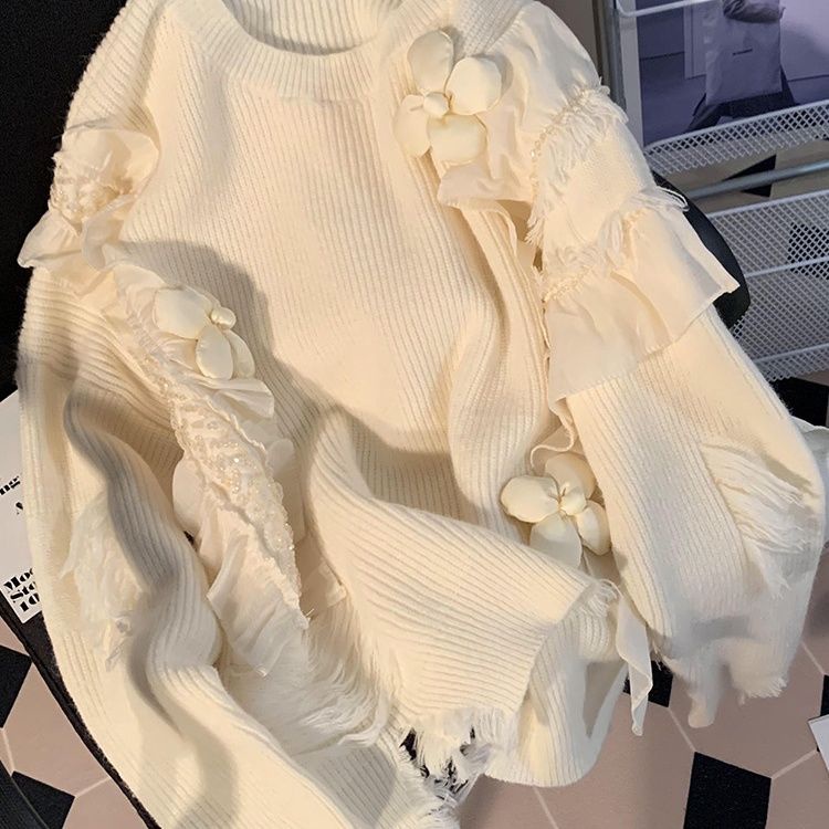 Áo Sweater Dệt Kim Sáp Mềm Dáng Rộng Phối Bèo Phong Cách Ngọt Ngào Thời Trang Mùa Thu