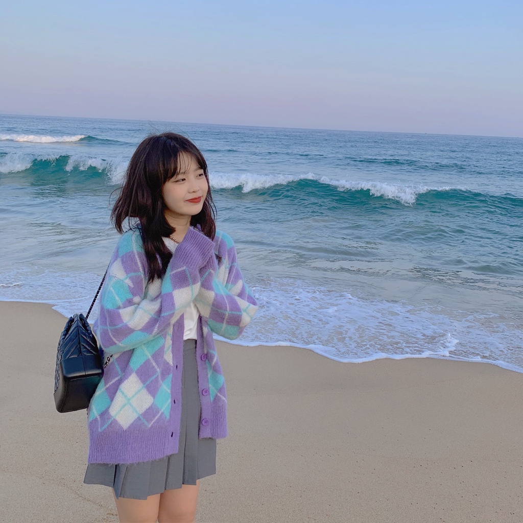 Áo khoác cardigan nữ len lông thỏ Quảng châu form rộng màu tím họa tiết con thoi phong cách hàn quốc Kozoda AC17