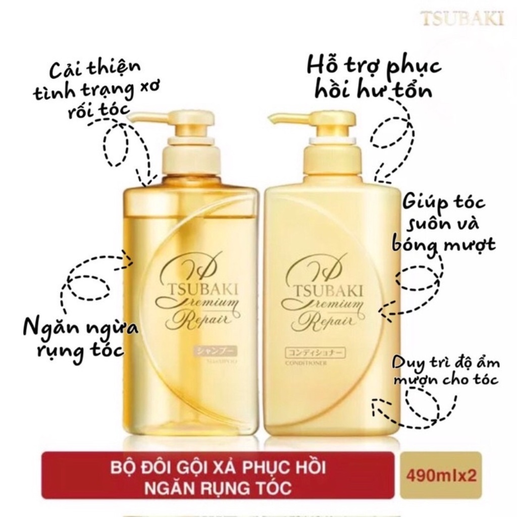 Bộ Đôi Gội Xả Phục Hồi Hư Tổn Tóc Premium Repair Tsubaki 490ml/Chai