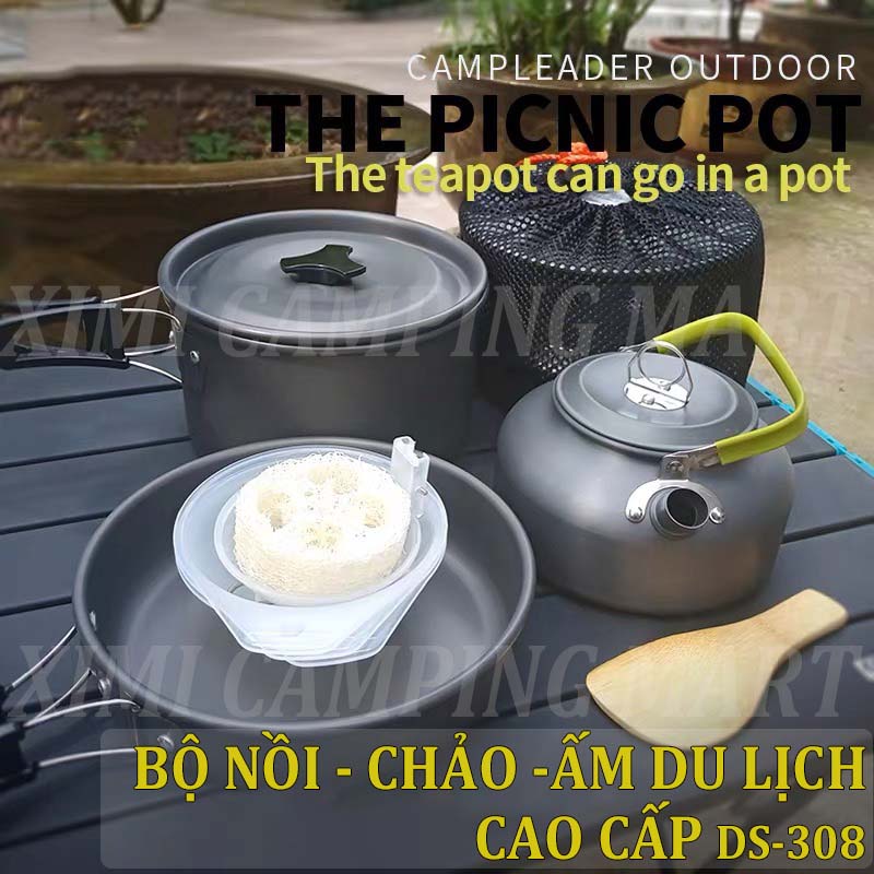 BỘ NỒI NẤU ĂN dã ngoại COOKING SET DS308 - BỘ NỒI DU LỊCH CAO CẤP, ĐA NĂNG 3 món có vung Dùng cho 2-3 người PICNIC NHÓM