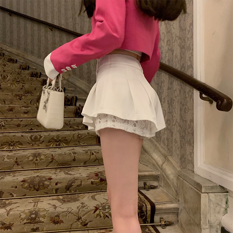 Jiashucheng Quần Culottes Viền Ren Ống Rộng Lưng Cao Xếp Ly Ngắn Hakama Dễ Phối Đồ Thời Trang Mùa Hè Cho Nữ