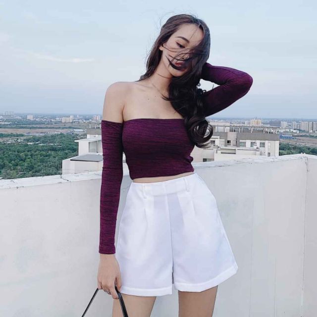 Crop trễ vai tay dài đan dây lưng