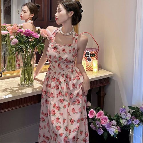 Jiashucheng Đầm Midi Hai Dây Họa Tiết Hoa Phong Cách Retro Pháp