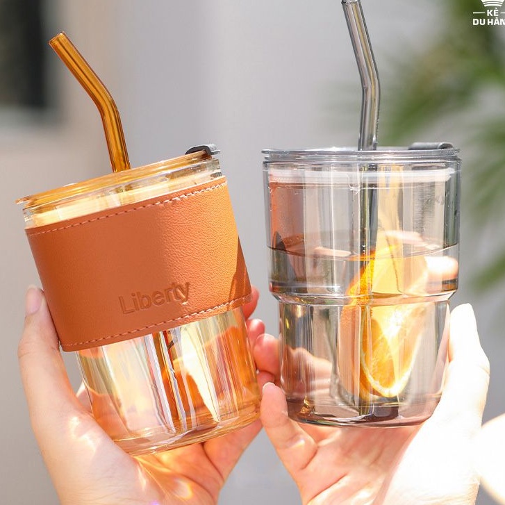 Ly thủy tinh, cốc uống nước cách nhiệt 450ml kèm bao da và ống hút sang trọng