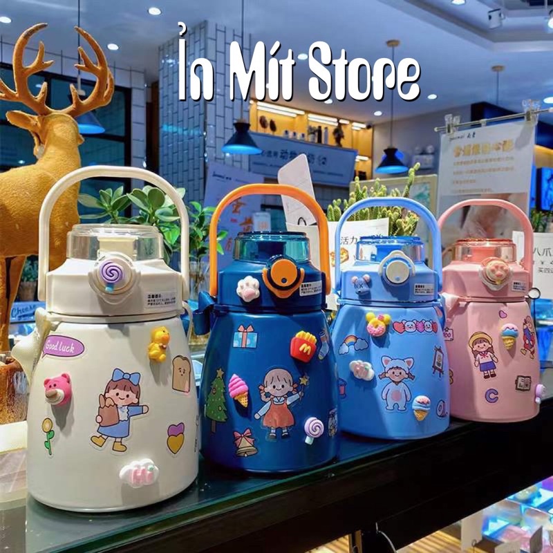 [Siêu Cute 1100ml] Bình Nước Giữ Nhiệt Cute, Bình Nước Giữ Nhiệt Kèm Ống Hút (tặng kèm sticker 2D,3D Inox 304 không rỉ)