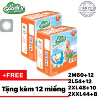 Tặng 12 miếng Quần, Combo 2 Bịch Tã/Bỉm Goodry Size M60,L54,XL48,XXL44