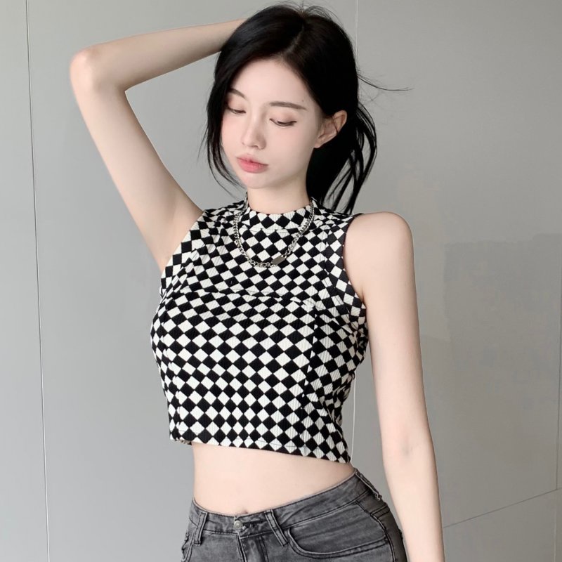 Cocory vn Áo croptop không tay cổ thuyền họa tiết ngựa vằn/ ca rô phong cách đường phố thời trang quyến rũ