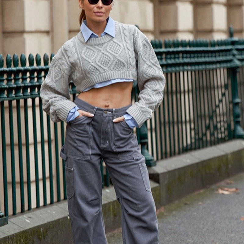Brroa Áo Croptop Dệt Kim Chui Đầu Dáng Rộng Màu Trơn Tay Dài Dây Xoắn Họa Tiết Kim Cương Mùa Thu Cho Nữ