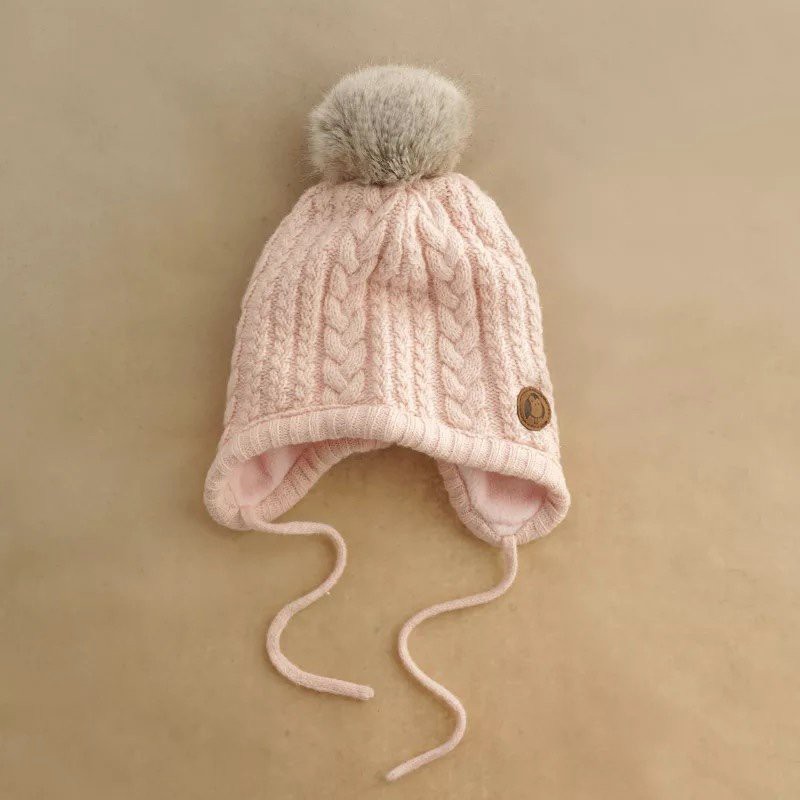 Mũ len quả bông buộc dây cho bé