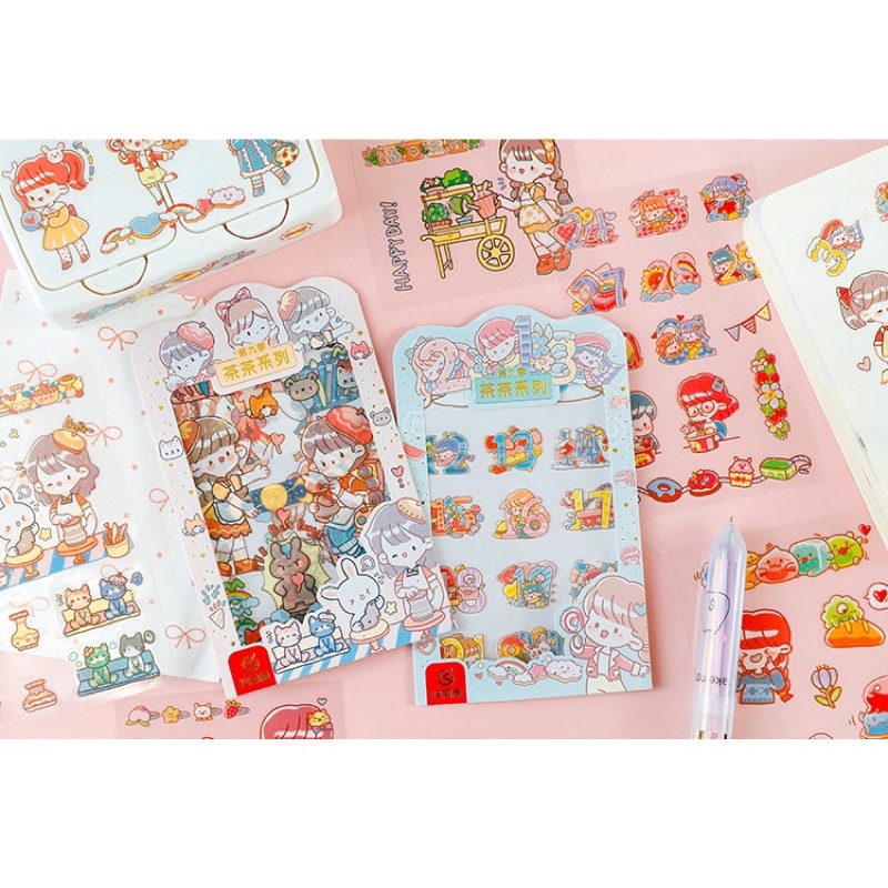Sticker cute/Set 4 tấm hình dán dễ thương trang trí sổ planner bullet journal Hàn Quốc Tẻn Tẻn