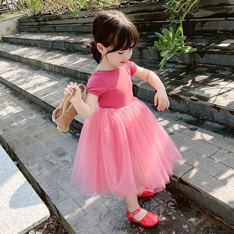 Đầm Tay Ngắn Cổ Tròn Phối Lưới Kiểu Hàn Quốc Dễ Thương Cho Bé Gái
