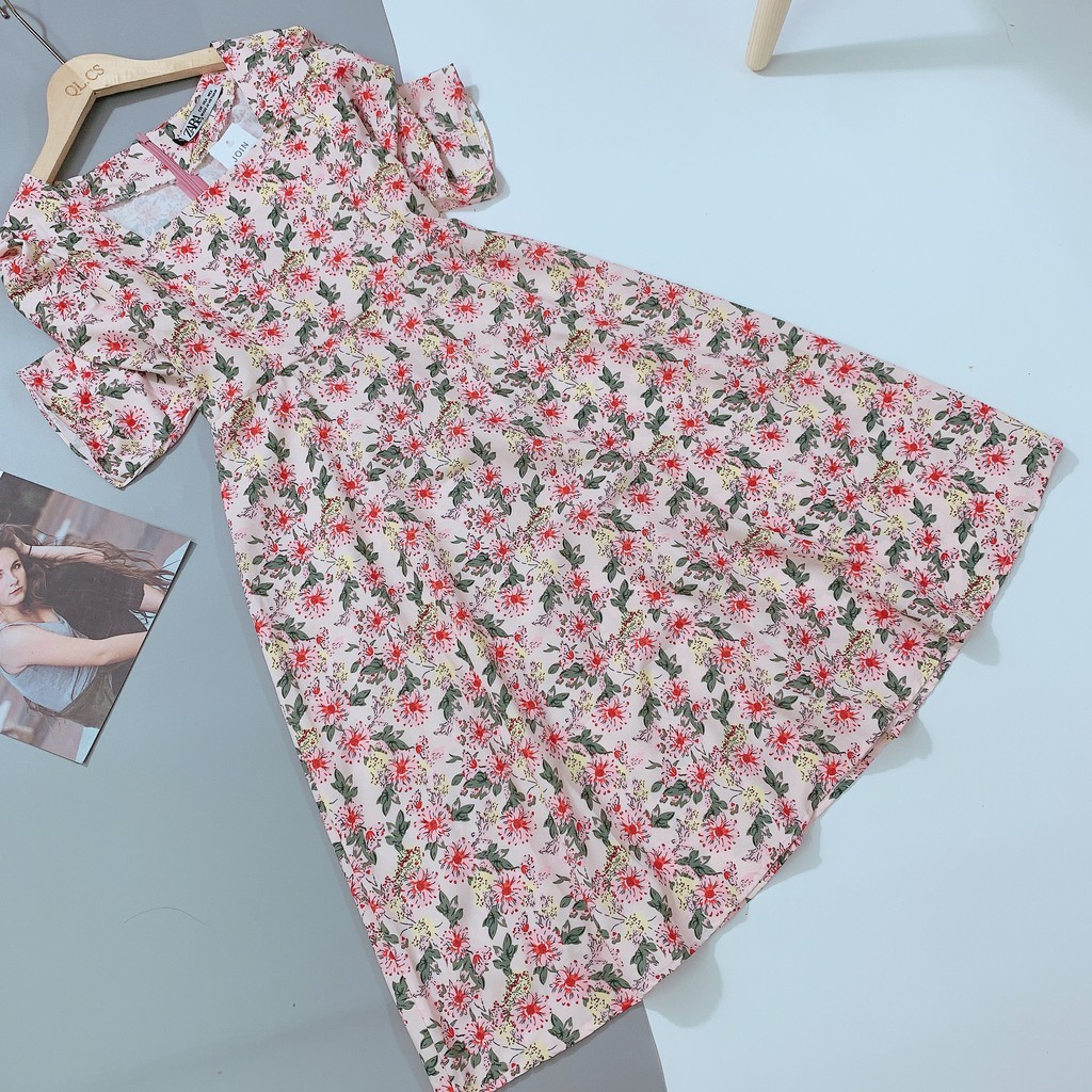 VN73 - VÁY HOA HỒNG CỔ VUÔNG TAY CHUN NỮ | BigBuy360 - bigbuy360.vn