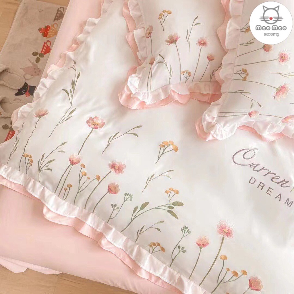 Bộ Chăn Ga Gối Cotton Đũi Viền Phối Bèo, Ren Họa Tiết Thêu Cao Cấp - Sét 4 Món