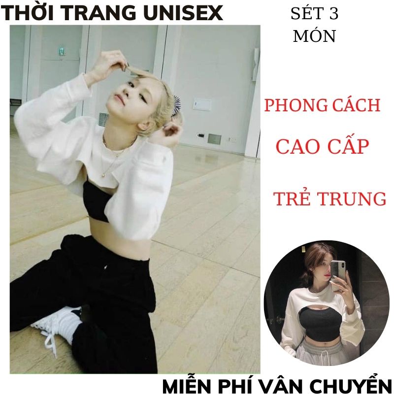 Set 3 món áo crt khoét ngực quần jogger rút gấu ulzzang/ Áo crt dài tay kèm áo 2 dây ôm body và quần ống rộng XƯỞNGMTC2