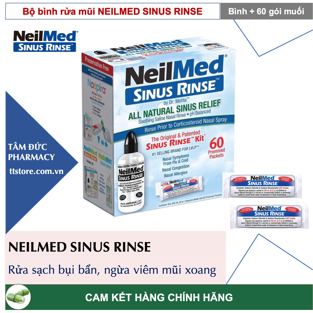 [CHÍNH HÃNG] Bộ bình rửa mũi NEILMED SINUS RINSE kèm 60 gói muối [Nelmed, neomed, nelmet]