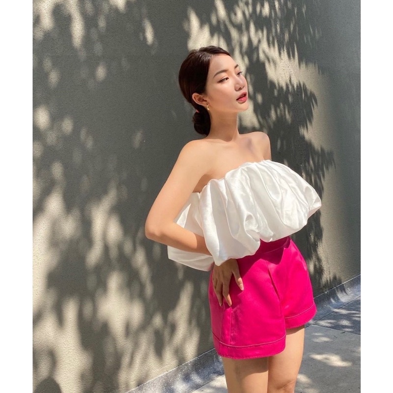 Set Áo Bí Trắng Kèm Quần Tacta Hồng,Đen (Freeship) Áo Cup Bí Bồng + Short