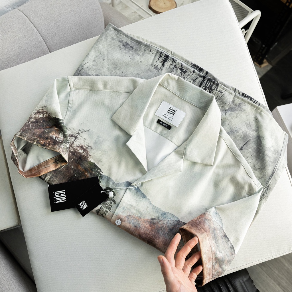 Áo sơ mi nam họa tiết nhiệt đới, chất vải siêu mịn mát 8400