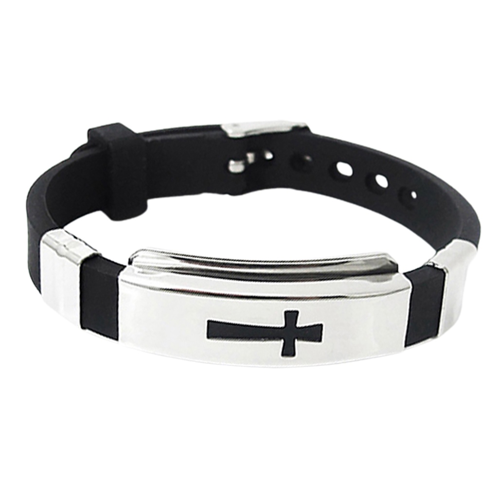Vòng Tay Cao Su Màu Đen Phối Mặt Thép Không Gỉ Hình Thánh Giá Thời Trang Cho Nam Và Nữ