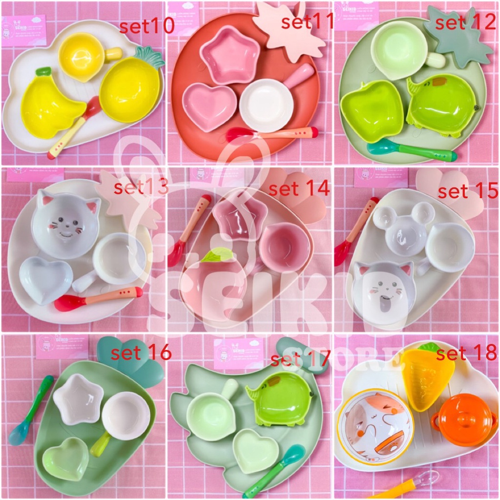 Combo Set Bát Sứ Ăn Dặm Cho Bé Đủ Màu Ngộ Nghĩnh Gồm Khay 3 Bát Ăn Sứ Kèm Thìa Báo Nóng Seikid Store