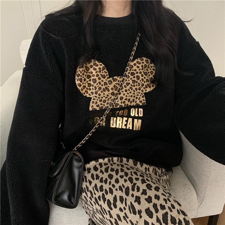 Áo sweater vải nhung lông cừu dày dáng rộng in hình Mickey dễ thương phong cách Hàn Quốc thời trang thu đông
