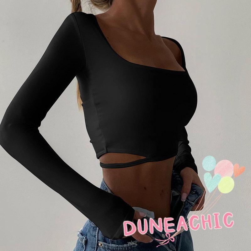 DUNEA Áo Croptop Tay Dài Cổ Vuông Màu Trơn Thời Trang Cho Nữ
