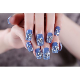 Bộ 24 Móng Tay Giả Xanh Đính Đá  (keo dán)