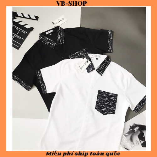 Áo sơ mi nam đen trắng tay ngắn in chữ hiệu 3D mẫu mới giá rẻ vải mặc mát cao cấp VBSHOP0010