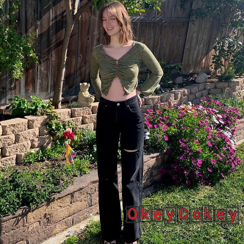 Áo croptop tay dài cổ chữ V thiết kế quyến rũ cho nữ