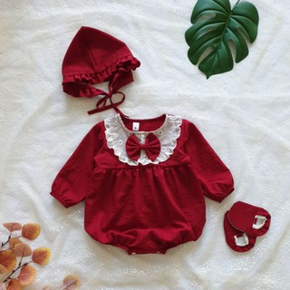 Bộ body đỏ đính nơ tặng kèm vớ nón chơi Noel cho bé gái 3-6 tháng 6-12 tháng