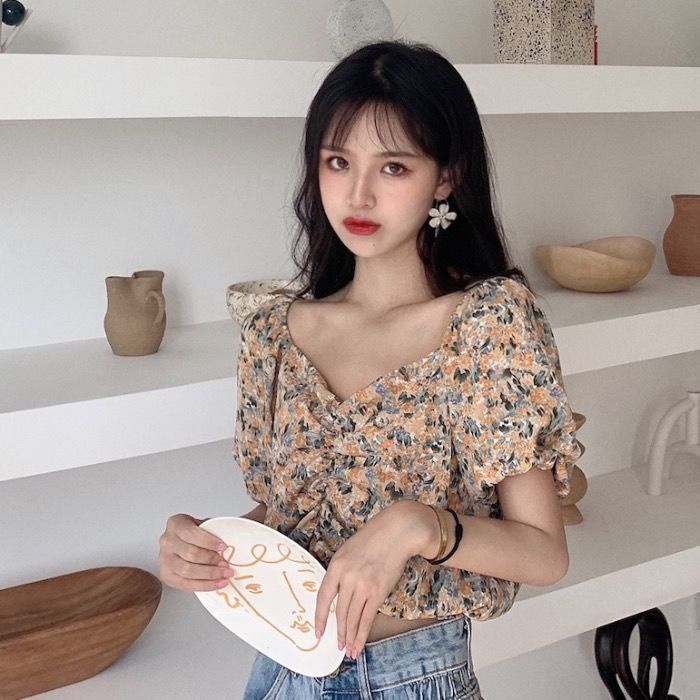 áo croptop nữ Tay Phồng Ngắn Họa Tiết Hoa Phong Cách Pháp Thời Trang Cho Nữ Áo Sơ Mi JL-TX-189 2022