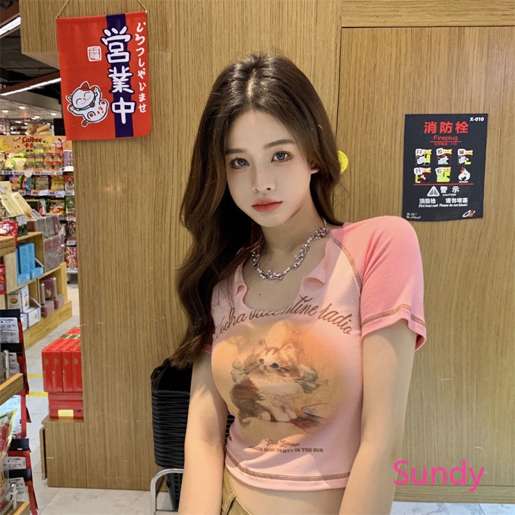 Plus Áo Croptop Tay Ngắn Cổ Chữ V In Hình Mèo Phong Cách Vintage Thời Trang Mùa Hè Cho Nữ Có Size Lớn