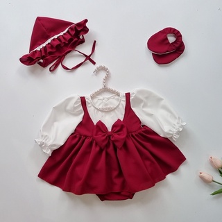 Váy body liền thân cho bé gái sơ sinh 0 12 tháng yếm nơ đỏ tặng kèm nón và giày