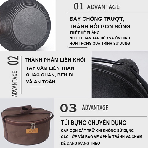 Nồi gang đúc DÃ NGOẠI CAO CẤP có tay cầm tiện lợi- nồi gang nắp gỗ DÙNG CHO NHIỀU LOẠI BẾP KÈM TÚI ĐỰNG VT HQ